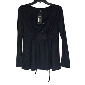 Black Long-Sleeve Lace-Up Blouse With Lace Detail By Fisoul Medium